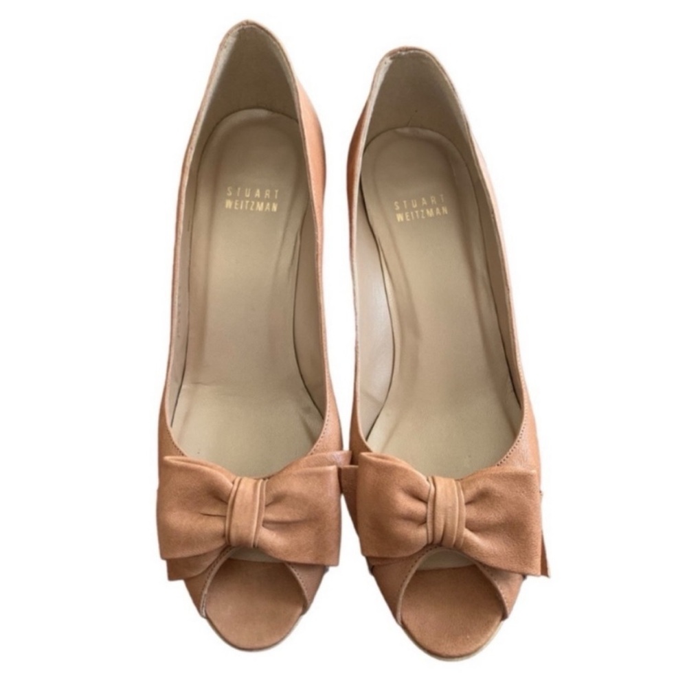 Stuart Weitzman 8.5 Tan Leather Peep Toe Neutral Capsule Feminine Heels
